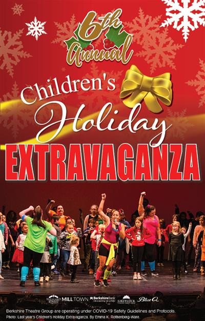 Poster for the Sixth Annual Children's Holiday Extravaganza featuring an image from 2019's Extravaganza of children performing together in a dance on stage. 